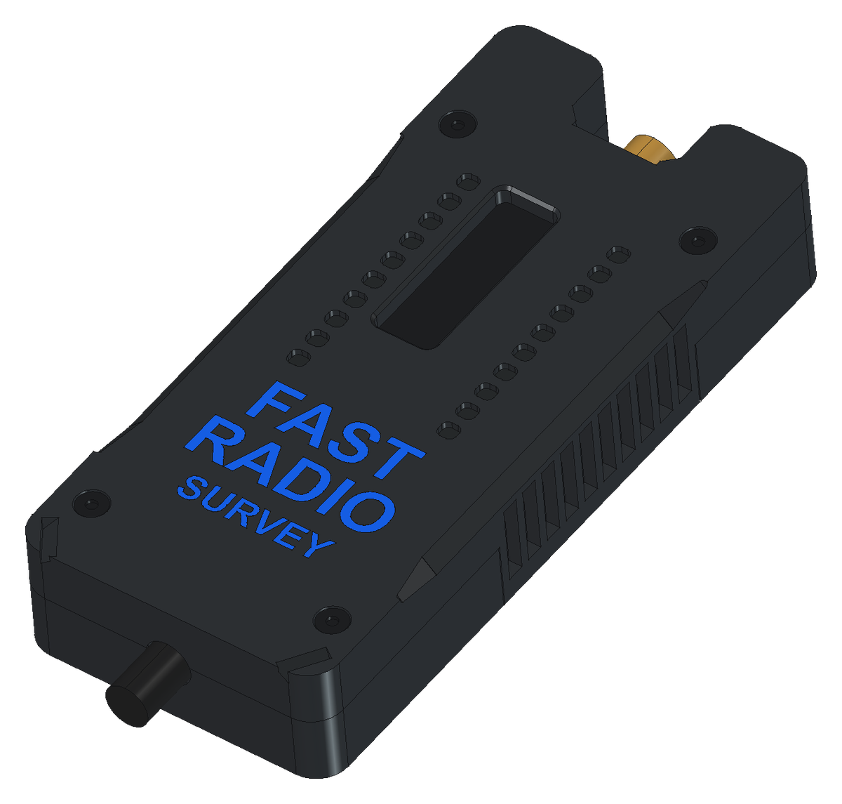 The receiver enclosure: dark charcoal housing with the Fast Radio Survey logo, status LED row, vent grille, SMA antenna input, and USB port