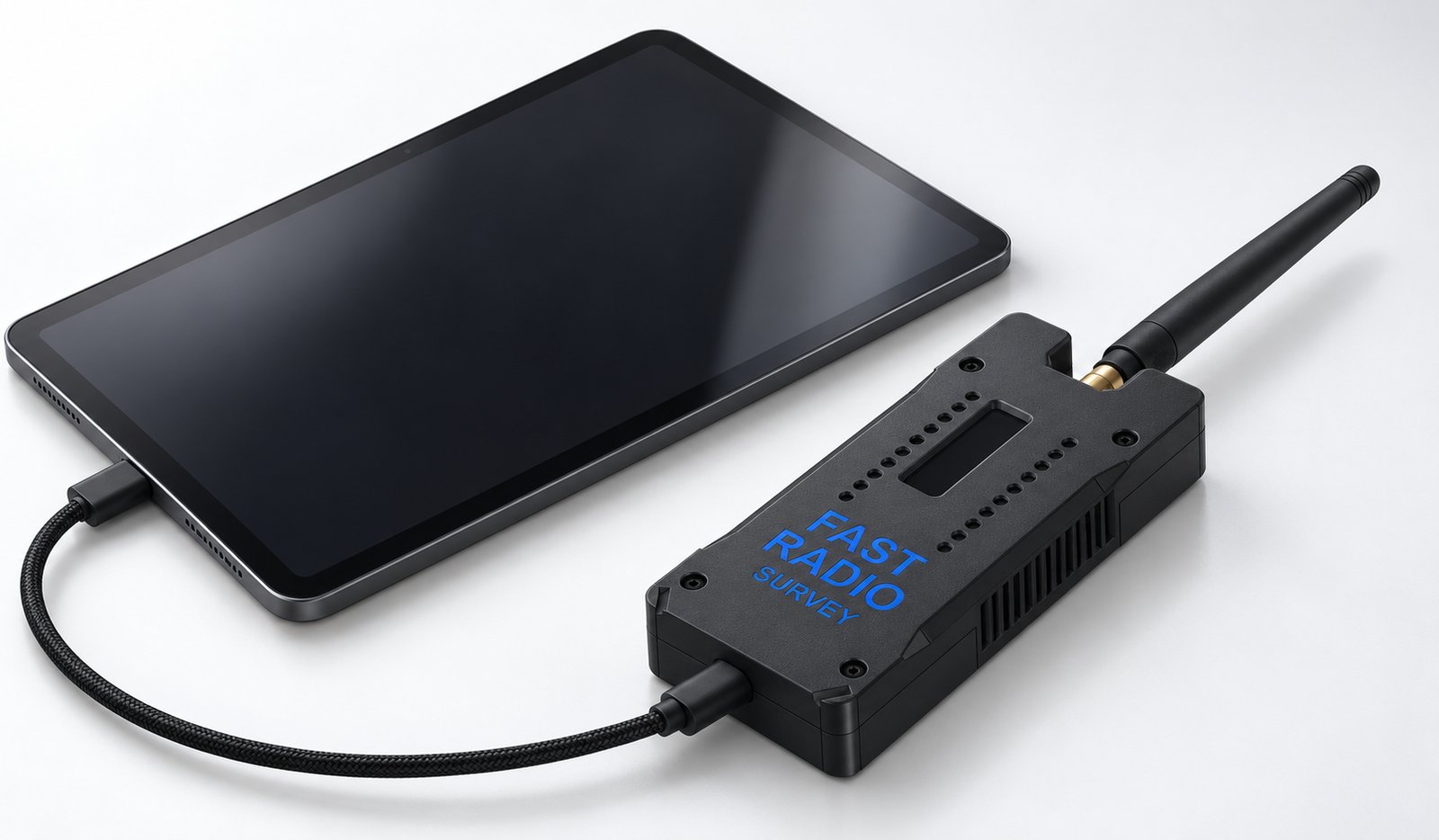 Fast Radio Survey field kit: a Galaxy Tab S10 Lite connected by USB-C to the serialized SDR receiver with its antenna