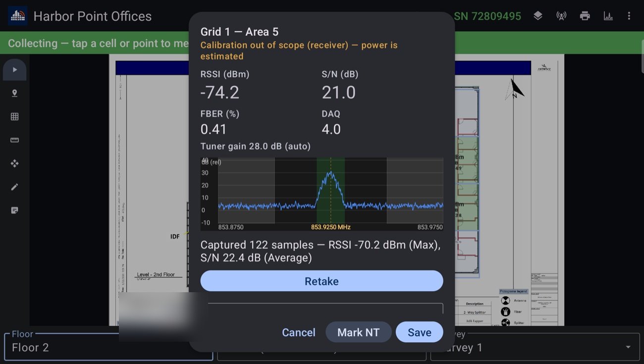 Fast Radio Survey app on a tablet: a completed 122-sample capture over a graded floor-plan grid, showing RSSI, S/N, FBER, and derived DAQ with a live channel spectrum